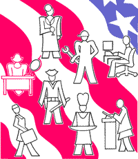 background of American Flag, with figures (doctor, teacher, police person, baker, worker with briefcase, worker at lectern, worker with wrench, and worker at computer) 