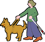 drawing of woman with guide dog and cane
