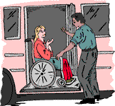 drawing of woman in wheelchair boarding bus or train while man assists and/or waves goodbye