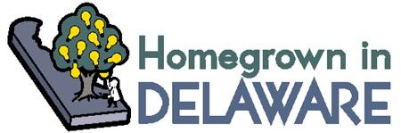image of the Homegrown in Delaware logo. It includes a simple rendition of the state of Delaware, with a tree in the lower part of the state, a man holding a watering can and picking a lightbulb from the tree, and the words "Homegrown in Delaware" to the right of the image.
