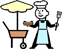 simple image of a hot dog vendor and his mobile hot dog cart