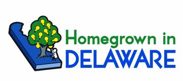image of the Homegrown in Delaware logo. It includes a simple rendition of the state of Delaware, with a tree in the lower part of the state, a man holding a watering can and picking a lightbulb from the tree, and the words 'Homegrown in Delaware' to the right of the image.