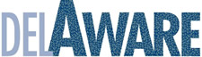 A graphic of the Center for Disability's delAware newsletter logo, which reads "Delaware," in light and medium blue. The logo looks as though it would be read "del Aware."