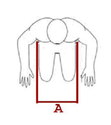 A line drawing of a human figure, from overhead, in a sitting position with lines illustrating where to measure for proper hip width.
