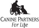 black and white image of Canine Partners for Life logo with silhouette of an individual sitting in a manual wheelchair reaching out to touch a dog that sits nearby.