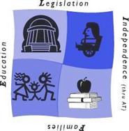 graphic of the LIFE conference logo with four pictures presenting legislation, independence thru AT, Familes, and Education.