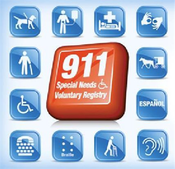 Title: 911 registry image - Description: graphic of the 911 Special Needs Voluntary Registry logo with twelve blue buttons symbolizing various potentail barriers to receiving emergency assistance. There is a large red 911 button in the center of the logo.