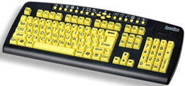 Title: A photo of a ZoomText keyboard. - Description: The keyboard is setup like a typical keyboard. However, the print on the keys is much larger and the contrast, black print on yellow keys, increases visibility.