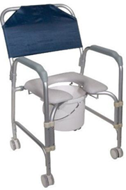Title: A photo of a wheeled shower chair. - Description: The photo shows a cloth backed, metal framed shower/commode chair with wheels.