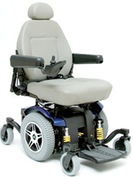 Title: A photo of a power wheelchair. - Description: The photo shows a six-wheeled power wheelchair with a captain's chair, blue base and righthand joystick.