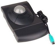 Title: A photo of a rollerball mouse. - Description: The photo shows a black device with four buttons surrounding a gray rollerball.