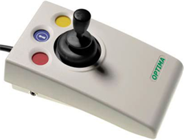 Title: A photo of a joystick mouse. - Description: The photo shows a black joystick protruding from an off-white base with three round buttons above.
